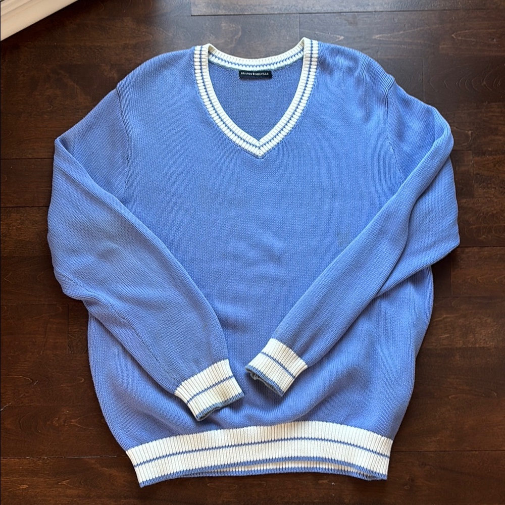 Light Blue V-Neck Unisex Sweater with White Trim